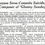 Ritaglio di giornale che annuncia la morte per suicidio di Rezső Seress
