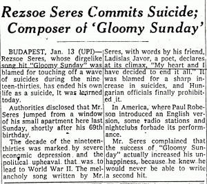 Ritaglio di giornale che annuncia la morte per suicidio di Rezső Seress